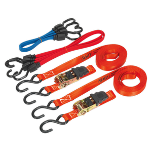 The Sealey Ratchet Strap & Bungee Cord Set 6pc - TD285SBD is a collection of multicolored tie-down straps made from durable polyester webbing, featuring red ratchet straps and blue and red bungee cords, equipped with black hooks and metal ratchet mechanisms.