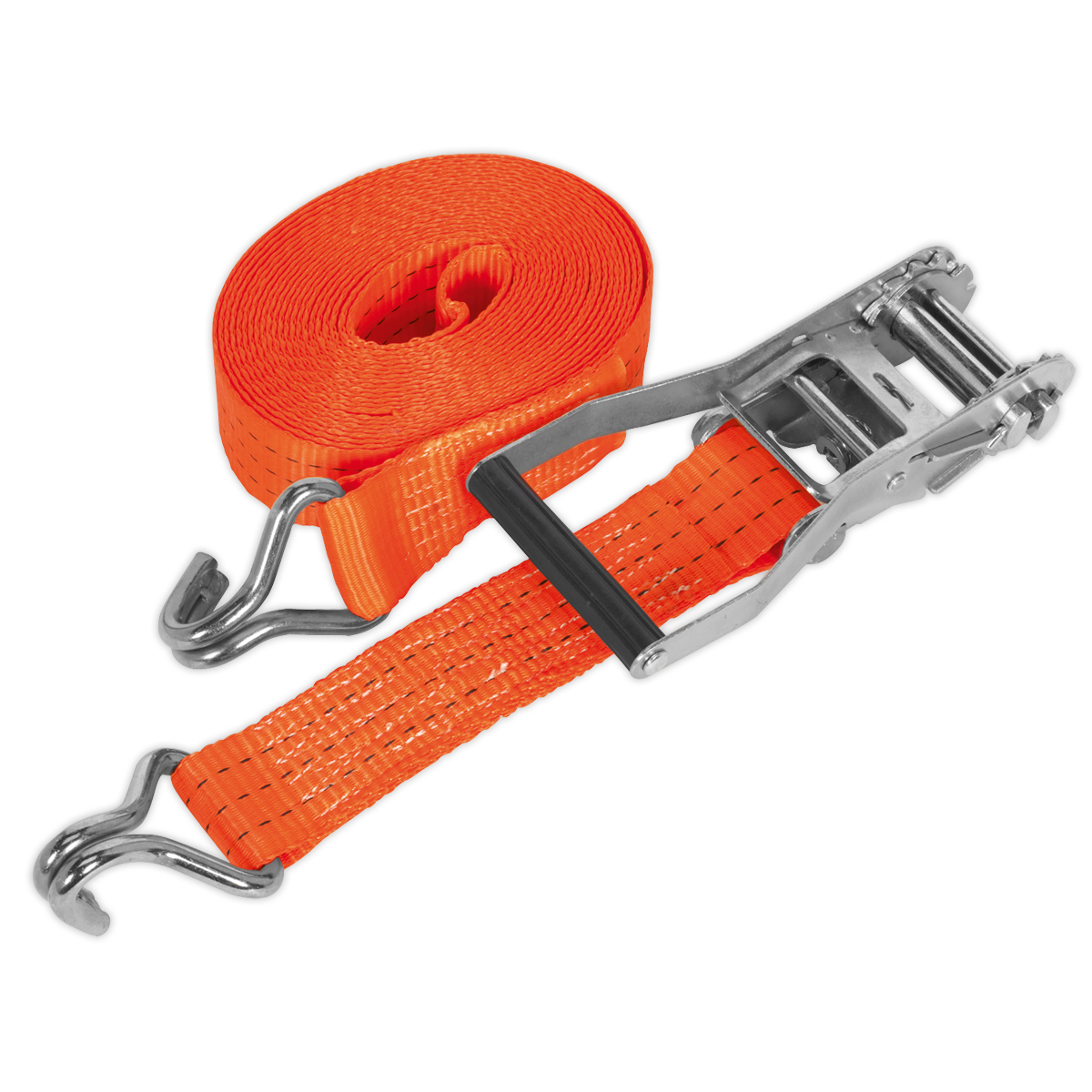 The Sealey Ratchet Strap 50mm x 6m Polyester Webbing (TD3006J) with a 3000kg breaking strength features metal hooks at both ends, a sturdy ratchet mechanism, and durable polyester webbing for effective load restraint.