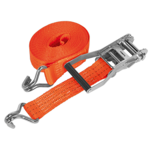 The Sealey Ratchet Strap 50mm x 6m Polyester Webbing (TD3006J) with a 3000kg breaking strength features metal hooks at both ends, a sturdy ratchet mechanism, and durable polyester webbing for effective load restraint.