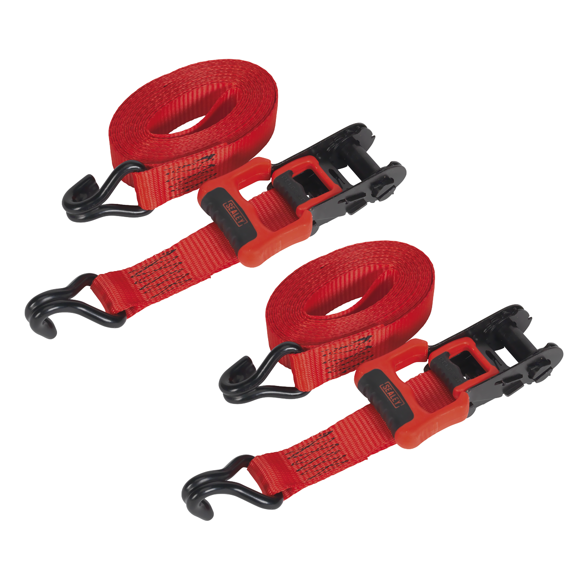 Two red Sealey Ratchet Straps 32mm x 4.9m, featuring a durable ratchet mechanism with black J-hooks and red handles, are coiled and ready for use against a white background. These straps, with a breaking strength of 1200kg, come in pairs under model number TD41248JD and use high-quality polyester webbing.