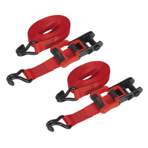 Two red Sealey Ratchet Straps 32mm x 4.9m, featuring a durable ratchet mechanism with black J-hooks and red handles, are coiled and ready for use against a white background. These straps, with a breaking strength of 1200kg, come in pairs under model number TD41248JD and use high-quality polyester webbing.