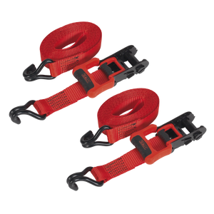 Two red Sealey Ratchet Straps 32mm x 4.9m, featuring a durable ratchet mechanism with black J-hooks and red handles, are coiled and ready for use against a white background. These straps, with a breaking strength of 1200kg, come in pairs under model number TD41248JD and use high-quality polyester webbing.