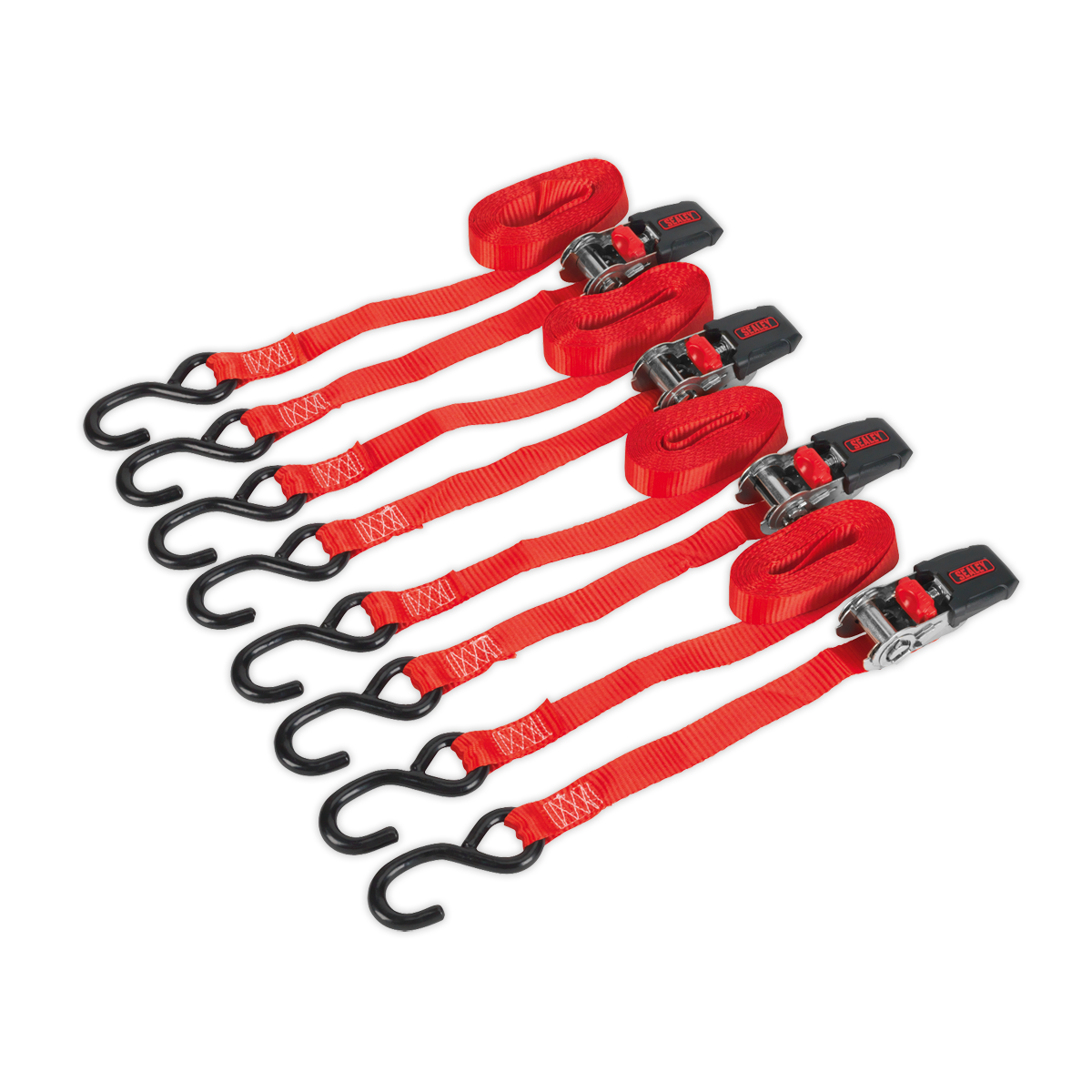 Four Ratchet Straps, Sealey TD484SD model, with 25mm x 4m polyester webbing and black S-hooks, each boasting an 800kg breaking strength, are arranged in a row on a white background.