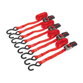 Four Ratchet Straps, Sealey TD484SD model, with 25mm x 4m polyester webbing and black S-hooks, each boasting an 800kg breaking strength, are arranged in a row on a white background.