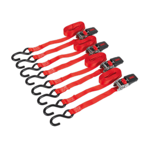 Four Ratchet Straps, Sealey TD484SD model, with 25mm x 4m polyester webbing and black S-hooks, each boasting an 800kg breaking strength, are arranged in a row on a white background.