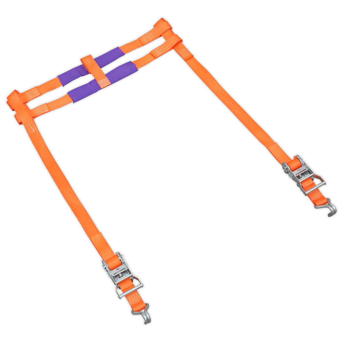 Introducing the Sealey Tie Down - Motorcycle Rear Wheel - TDMCRW: A vibrant orange safety harness with black trim and robust metal clasps at the ends. Constructed from durable polyester webbing, it features a centrally positioned purple strap for added stability.