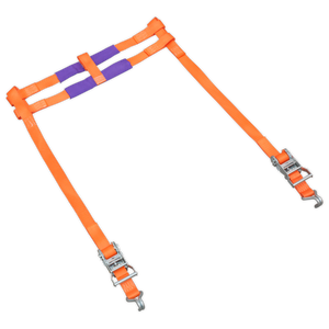 Introducing the Sealey Tie Down - Motorcycle Rear Wheel - TDMCRW: A vibrant orange safety harness with black trim and robust metal clasps at the ends. Constructed from durable polyester webbing, it features a centrally positioned purple strap for added stability.