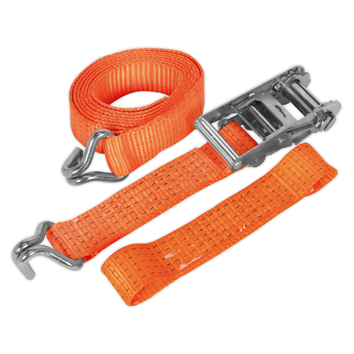 The Sealey Car Transporter Ratchet Strap 50mm x 3m Alloy Wheel with a single 5000kg breaking strength, laid out with the buckle mechanism and the orange polyester webbing strap coiled next to it.