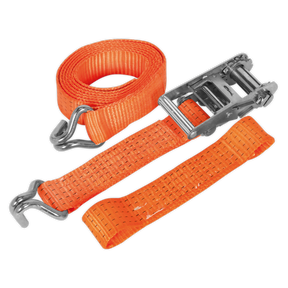 The Sealey Car Transporter Ratchet Strap 50mm x 3m Alloy Wheel with a single 5000kg breaking strength, laid out with the buckle mechanism and the orange polyester webbing strap coiled next to it.