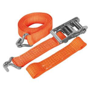 The Sealey Car Transporter Ratchet Strap 50mm x 3m Alloy Wheel with a single 5000kg breaking strength, laid out with the buckle mechanism and the orange polyester webbing strap coiled next to it.