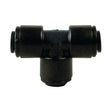 The Sparex TEE CONNECTOR 6MM - S.12598 is a black plastic T-shaped pipe fitting equipped with connectors on each end, designed for splitting or combining fluid flow in three directions. It supports a nominal outer diameter (O.D.) and operates within a specific pressure range.