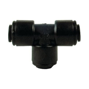 The Sparex TEE CONNECTOR 6MM - S.12598 is a black plastic T-shaped pipe fitting equipped with connectors on each end, designed for splitting or combining fluid flow in three directions. It supports a nominal outer diameter (O.D.) and operates within a specific pressure range.