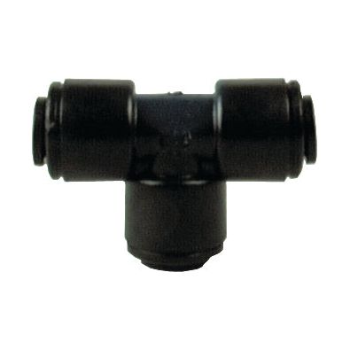 The Sparex TEE CONNECTOR 6MM - S.12598 is a black plastic T-shaped pipe fitting equipped with connectors on each end, designed for splitting or combining fluid flow in three directions. It supports a nominal outer diameter (O.D.) and operates within a specific pressure range.