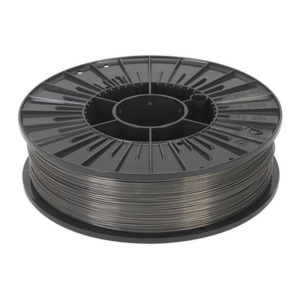 A spool of Sealey Flux Cored MIG Wire 4.5kg, 0.9mm A5.20 Class E71T-GS - TG100/4, neatly wound around a reel, much like how gray filament is prepared for 3D printing.

