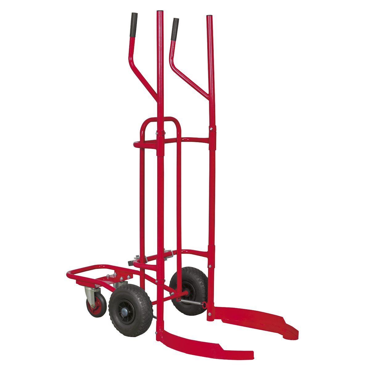 The Sealey Tyre Trolley - 150kg Capacity - TH003 is a red hand truck with tall vertical handles, curved supports, and two large pneumatic tyres designed for moving cylindrical objects, featuring a sturdy tubular steel construction.