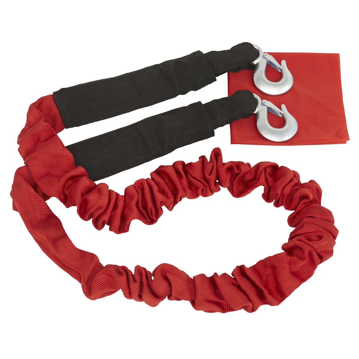 Sealey Tow Rope 5000kg Rolling Load Capacity - TH5002, featuring red and black heavy-duty material with metal hooks and a protective sleeve, curled up against a white background.