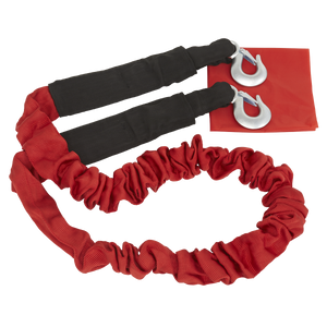 Sealey Tow Rope 5000kg Rolling Load Capacity - TH5002, featuring red and black heavy-duty material with metal hooks and a protective sleeve, curled up against a white background.