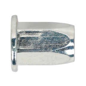 A close-up of a shiny, zinc-plated threaded insert, known as the Sealey Threaded Insert (Rivet Nut) M8 Full Hex Standard Flange Pack of 50 - TIFHM8, featuring a hexagonal base and a smooth, domed top.