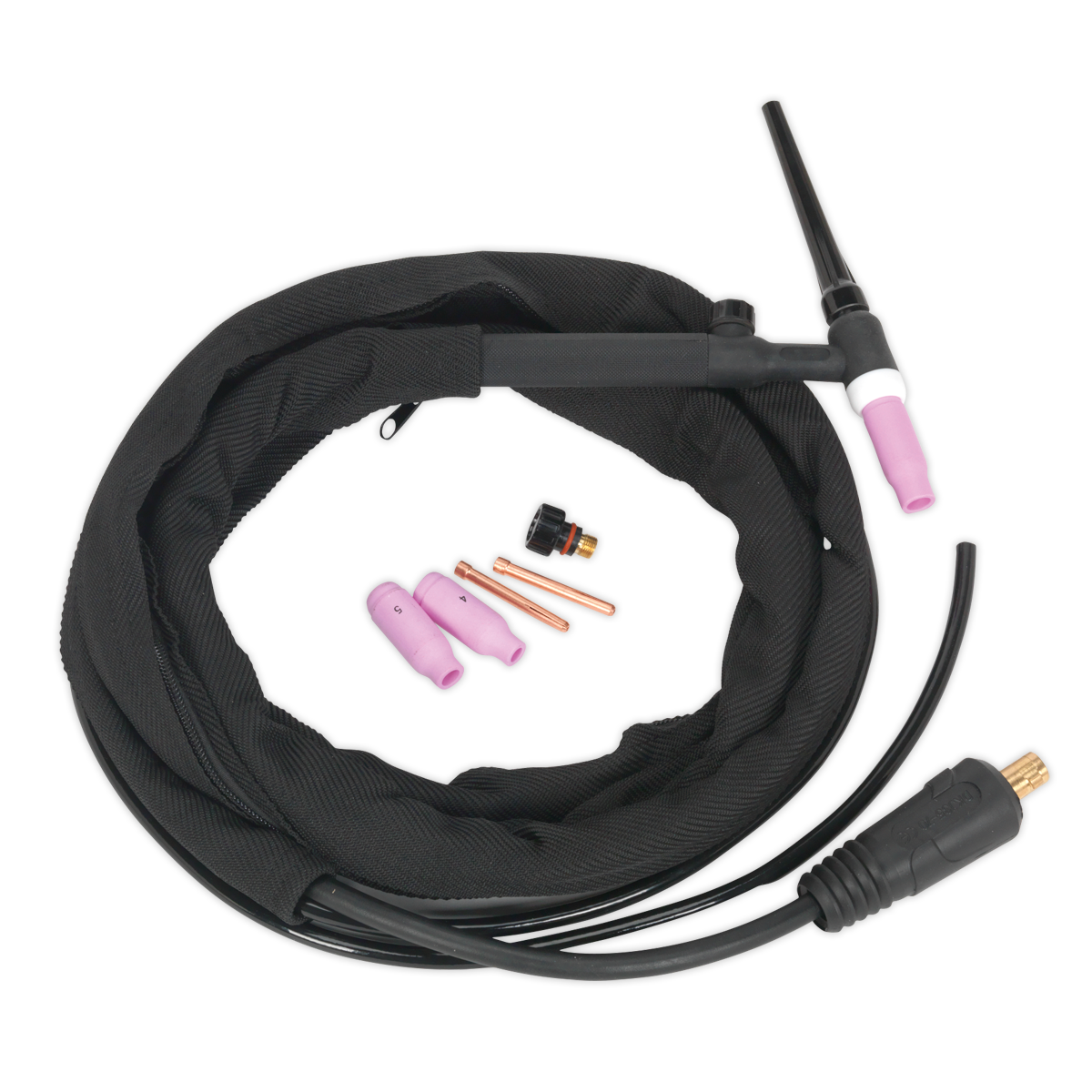 A Sealey Inverter TIG Welding Torch 16mm² - TIG10S, featuring a black hose, pink ceramic cups, various metal and plastic components, and black Dinse connectors.