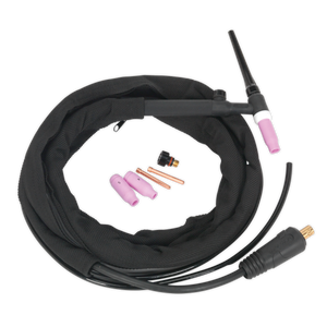 A Sealey Inverter TIG Welding Torch 16mm² - TIG10S, featuring a black hose, pink ceramic cups, various metal and plastic components, and black Dinse connectors.