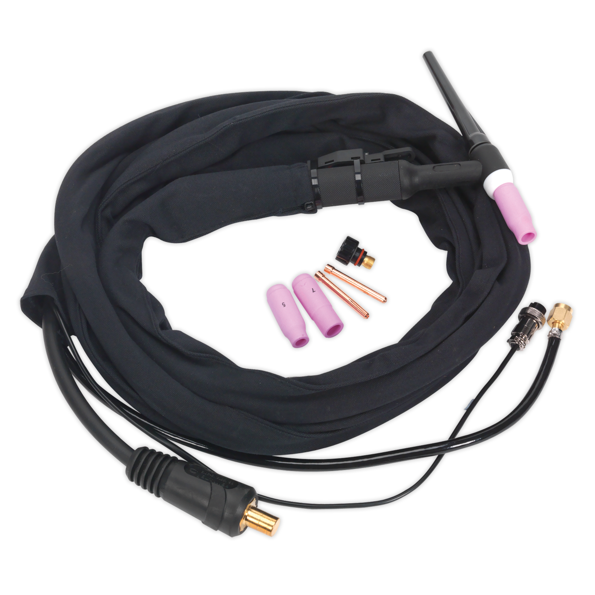 A Sealey Inverter TIG Welding Torch 25mm² with Push-Button (TIG12S) in black, complete with a hose, consumable tungsten welding electrodes, a gas nozzle, and connector components arranged in an orderly manner.