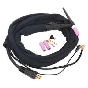 A Sealey Inverter TIG Welding Torch 25mm² with Push-Button (TIG12S) in black, complete with a hose, consumable tungsten welding electrodes, a gas nozzle, and connector components arranged in an orderly manner.