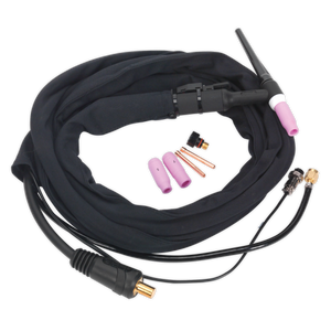 A Sealey Inverter TIG Welding Torch 25mm² with Push-Button (TIG12S) in black, complete with a hose, consumable tungsten welding electrodes, a gas nozzle, and connector components arranged in an orderly manner.