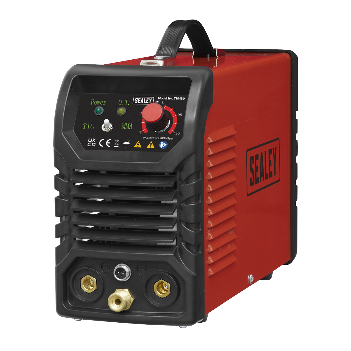 A compact Sealey TIG/MMA Inverter Welder 130A 230V (TIG130) in red and black, featuring control knobs and power indicators on the front. It is equipped with connection ports and labels for TIG welding and MMA settings, complete with a reliable DC power supply for efficient performance.