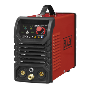 A compact Sealey TIG/MMA Inverter Welder 130A 230V (TIG130) in red and black, featuring control knobs and power indicators on the front. It is equipped with connection ports and labels for TIG welding and MMA settings, complete with a reliable DC power supply for efficient performance.