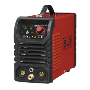 A compact Sealey TIG/MMA Inverter Welder 130A 230V (TIG130) in red and black, featuring control knobs and power indicators on the front. It is equipped with connection ports and labels for TIG welding and MMA settings, complete with a reliable DC power supply for efficient performance.