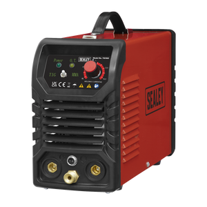 The Sealey TIG160 MMA Inverter Welder 160A 230V is a red and black welding machine featuring various buttons and connectors on the front panel, a convenient handle on top, and the brand name prominently displayed. Designed for TIG welding, it offers a reliable DC power supply for precise performance.