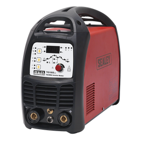 A red and black Sealey TIG180S inverter welder machine, perfect for both TIG and MMA welding, displaying various control buttons and indicators on its front panel.