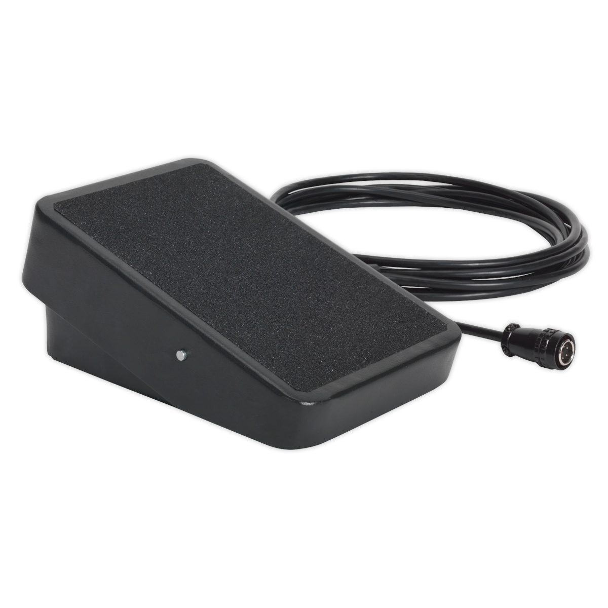 Image of the Sealey Foot Pedal Power Control for TIG200HFACDC - TIG200HFACDCF, a black footswitch with a textured surface and an attached 4.5m cable ending in a plug connector, perfect for hands-free feathering and fully compatible with the TIG200HFACDC.