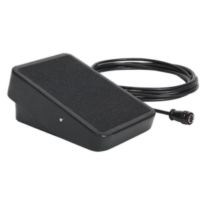 Image of the Sealey Foot Pedal Power Control for TIG200HFACDC - TIG200HFACDCF, a black footswitch with a textured surface and an attached 4.5m cable ending in a plug connector, perfect for hands-free feathering and fully compatible with the TIG200HFACDC.