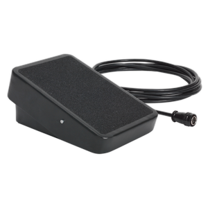 Image of the Sealey Foot Pedal Power Control for TIG200HFACDC - TIG200HFACDCF, a black footswitch with a textured surface and an attached 4.5m cable ending in a plug connector, perfect for hands-free feathering and fully compatible with the TIG200HFACDC.