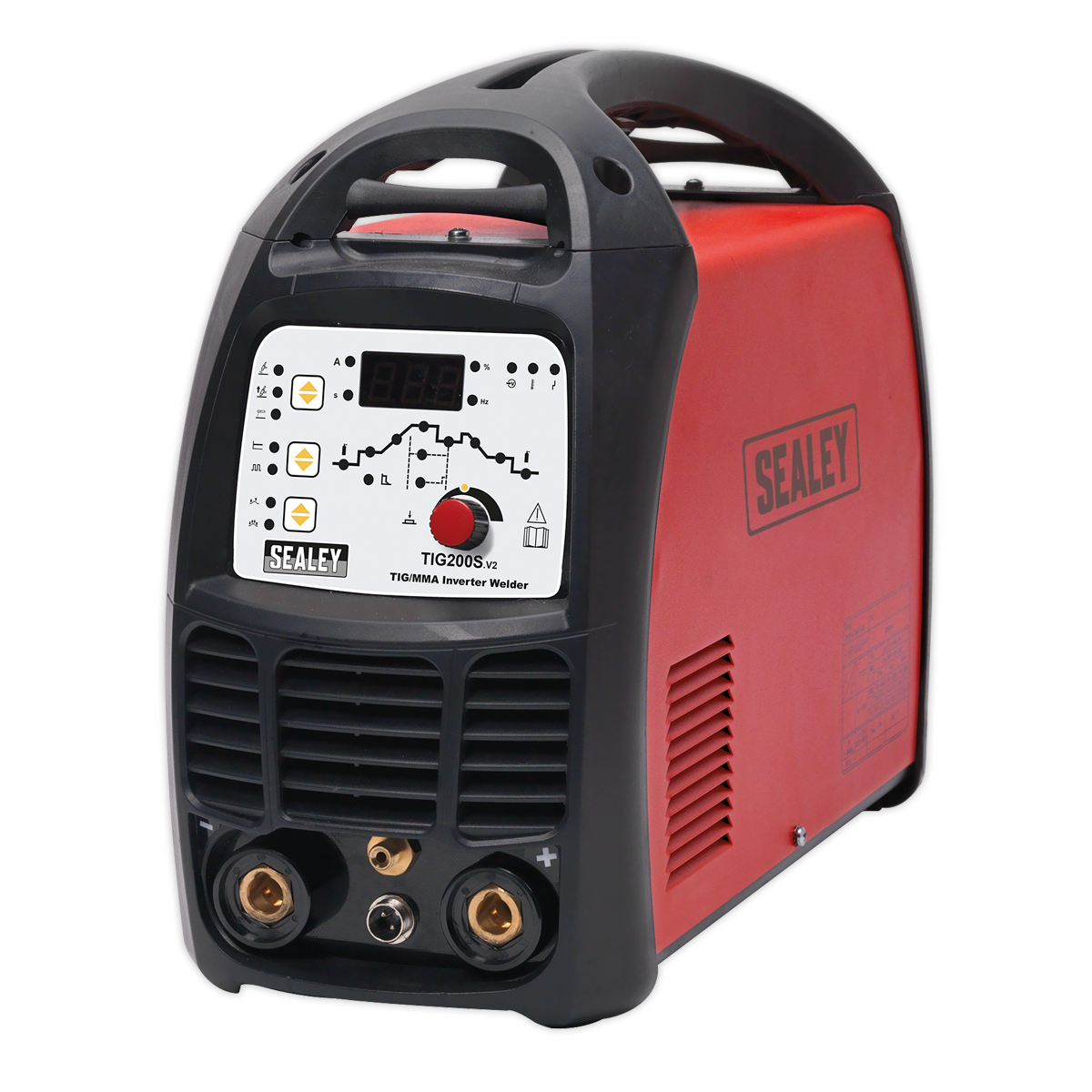 A Sealey TIG/MMA Inverter Welder 200A 230V - TIG200S with a red body, black handle, digital display panel, and fan-cooled DC power supply for versatile arc welding applications.