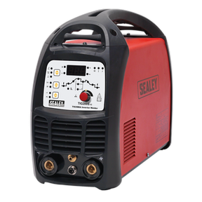 A Sealey TIG/MMA Inverter Welder 200A 230V - TIG200S with a red body, black handle, digital display panel, and fan-cooled DC power supply for versatile arc welding applications.