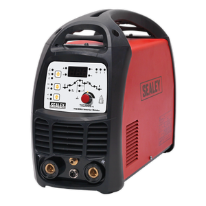 A Sealey TIG/MMA Inverter Welder 200A 230V - TIG200S with a red body, black handle, digital display panel, and fan-cooled DC power supply for versatile arc welding applications.