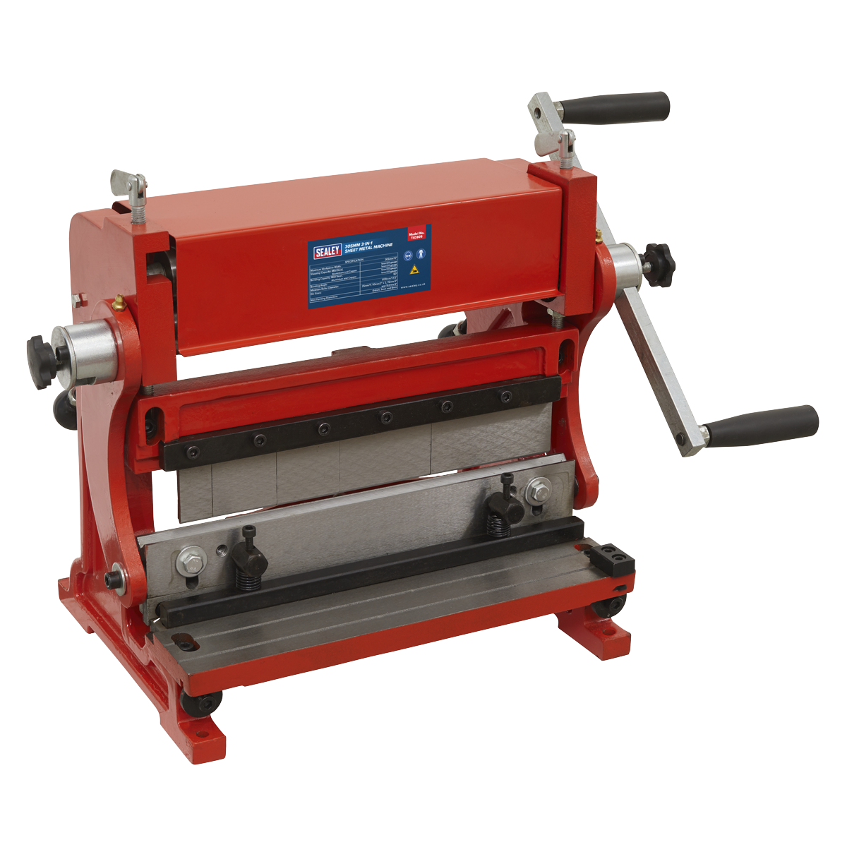 A Sealey 3-in-1 Sheet Metal Machine 305mm - TIO305, in red, with a crank handle, designed for bending, shearing, and rolling sheet metal.