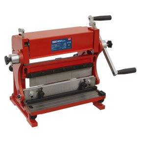 A Sealey 3-in-1 Sheet Metal Machine 305mm - TIO305, in red, with a crank handle, designed for bending, shearing, and rolling sheet metal.
