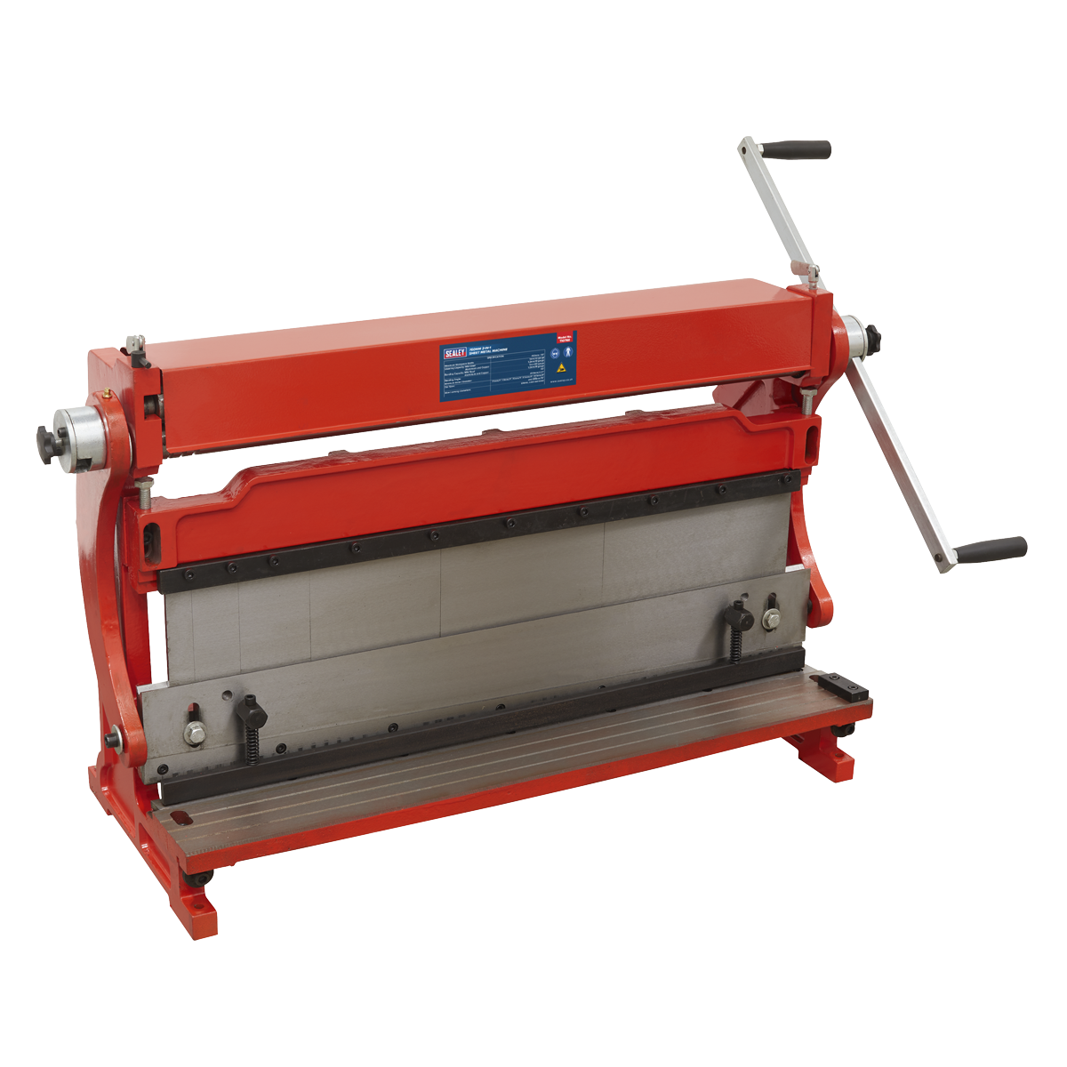 A heavy-duty metalworking tool, the Sealey 3-in-1 Sheet Metal Machine 760mm - TIO760 comes in red with a hand crank on the right side and is expertly designed for bending, cutting, and rolling metal sheets.