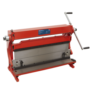 A heavy-duty metalworking tool, the Sealey 3-in-1 Sheet Metal Machine 760mm - TIO760 comes in red with a hand crank on the right side and is expertly designed for bending, cutting, and rolling metal sheets.