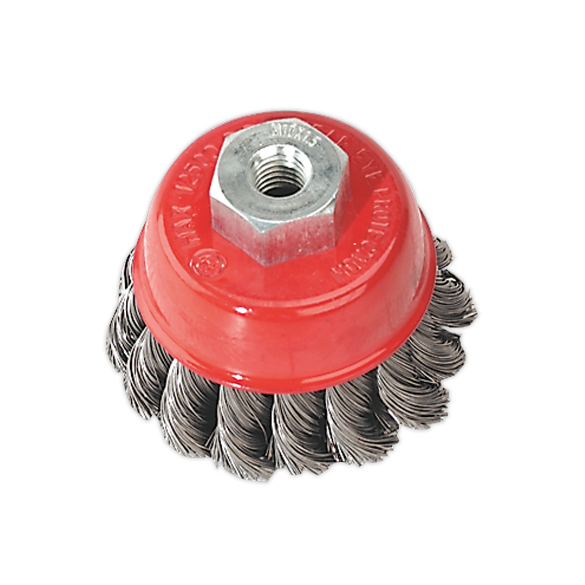 The Sealey Twist Knot Wire Cup Brush Ø65mm M10 x 1.5mm - TKCB65, featuring twisted steel filaments and a central hexagonal nut, is ideal for rust removal with your power tools.