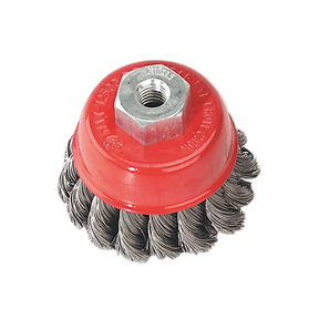 The Sealey Twist Knot Wire Cup Brush Ø65mm M10 x 1.5mm - TKCB65, featuring twisted steel filaments and a central hexagonal nut, is ideal for rust removal with your power tools.