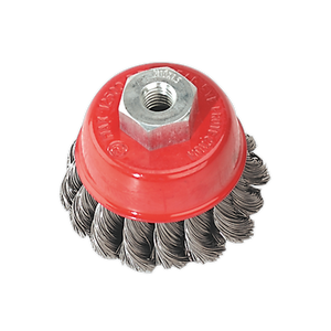 The Sealey Twist Knot Wire Cup Brush Ø65mm M10 x 1.5mm - TKCB65, featuring twisted steel filaments and a central hexagonal nut, is ideal for rust removal with your power tools.