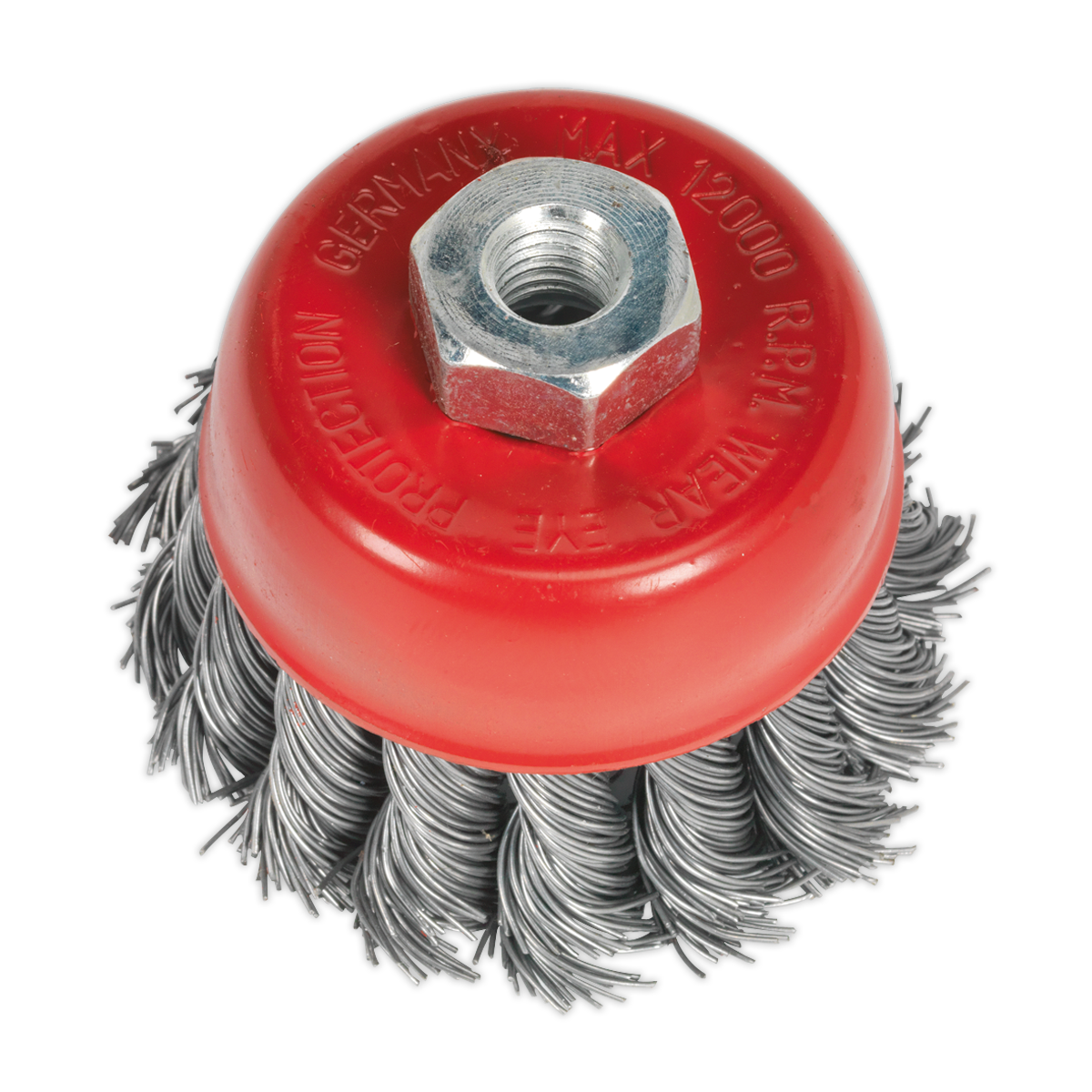 The Sealey Twist Knot Wire Cup Brush Ø65mm M10 x 1.25mm - TKCB652, featuring twisted steel filaments and a central hexagonal nut fastening, is ideal for power tools and excels in heavy rust removal, surface preparation, and cleaning tasks.