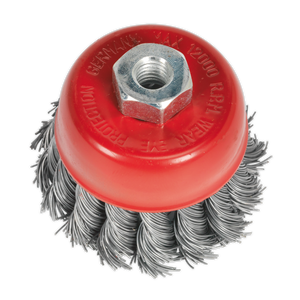 The Sealey Twist Knot Wire Cup Brush Ø65mm M10 x 1.25mm - TKCB652, featuring twisted steel filaments and a central hexagonal nut fastening, is ideal for power tools and excels in heavy rust removal, surface preparation, and cleaning tasks.