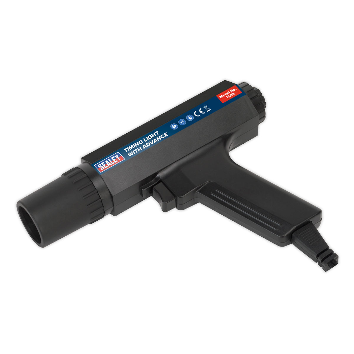 The Sealey Timing Light with Advance - TL85 features a black casing, a pistol grip, an upper-side red button, and an inductive impulse pick-up for accurate readings.