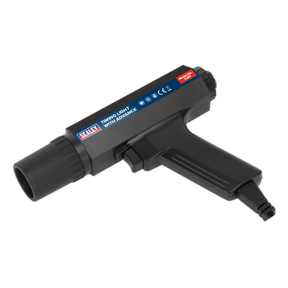 The Sealey Timing Light with Advance - TL85 features a black casing, a pistol grip, an upper-side red button, and an inductive impulse pick-up for accurate readings.