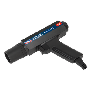 The Sealey Timing Light with Advance - TL85 features a black casing, a pistol grip, an upper-side red button, and an inductive impulse pick-up for accurate readings.